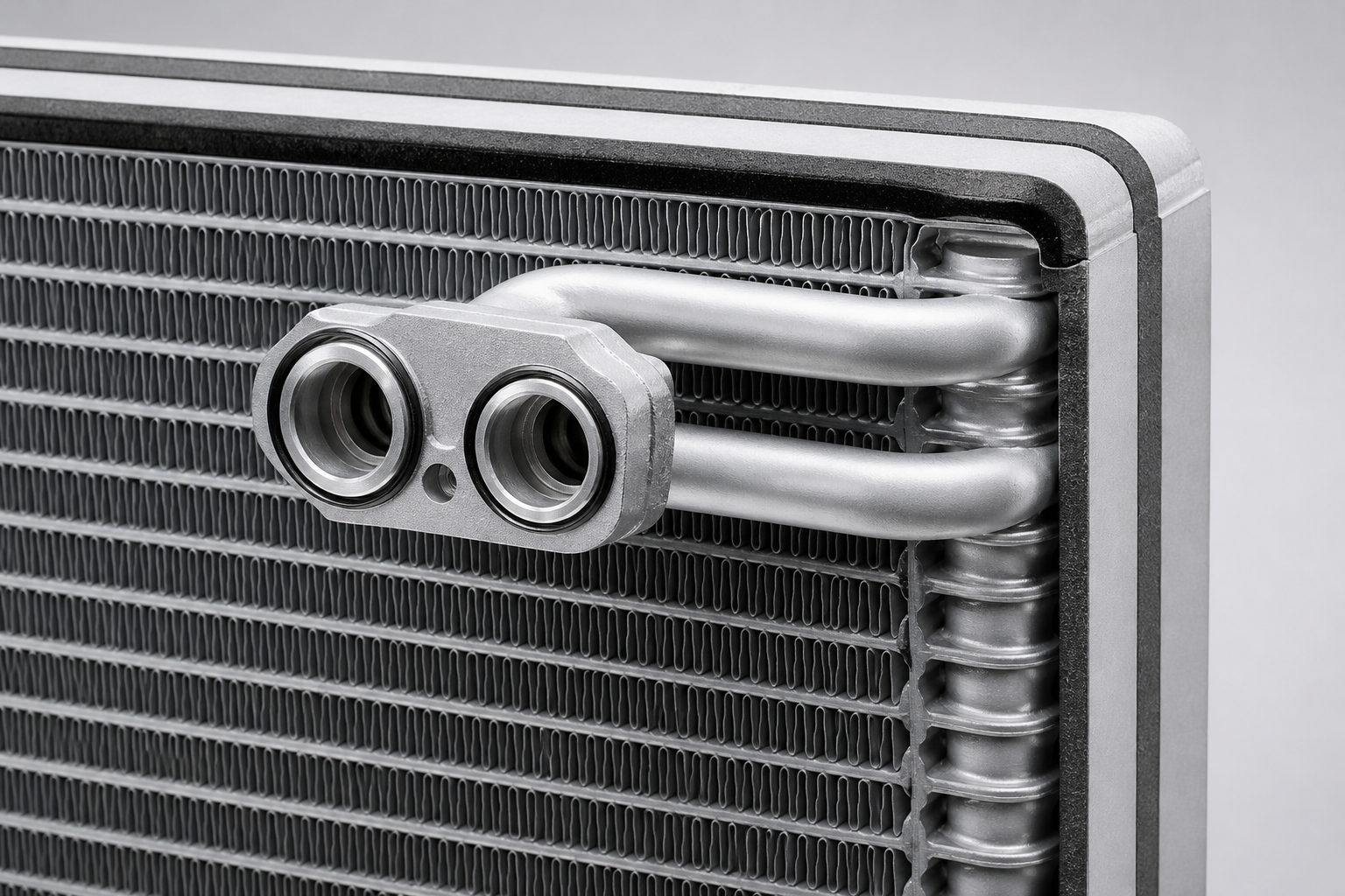 Close-up of automotive A/C evaporator fins and refrigerant connections