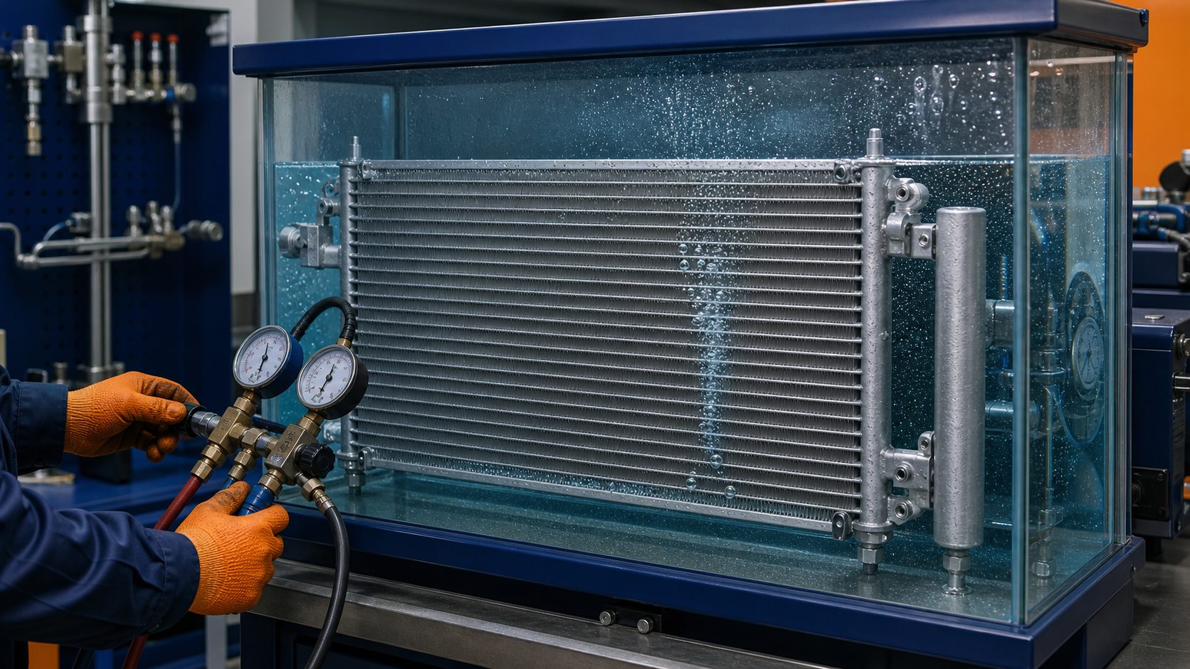 Automotive A/C condenser undergoing a controlled pressure and water-bath leak inspection