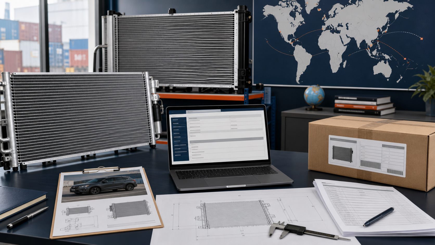 Cooling parts RFQ desk with condenser, radiator, application sheet, drawing, packaging and export map