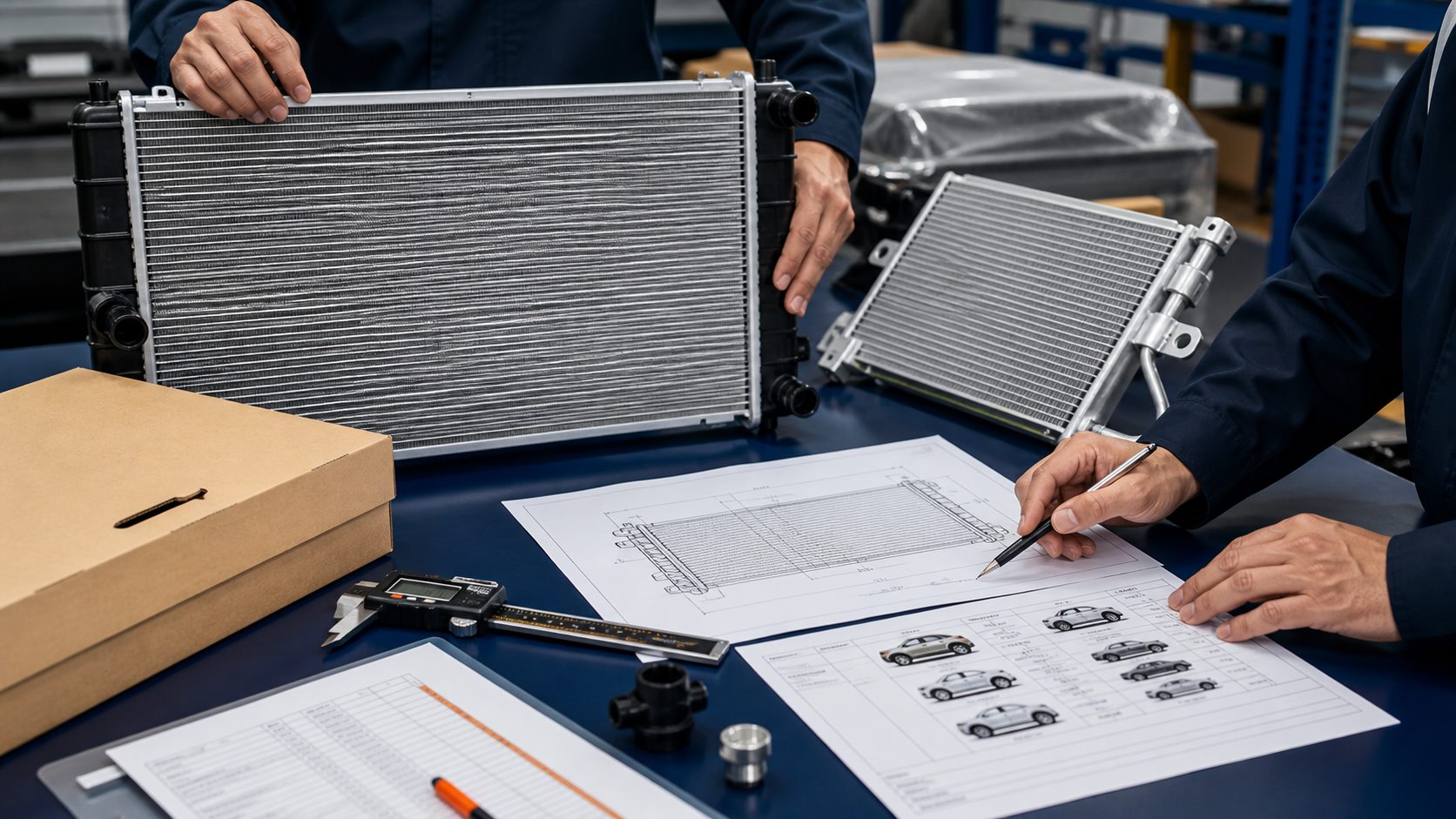 Aftermarket buyer and technician reviewing automotive cooling parts, drawings, dimensions and packaging