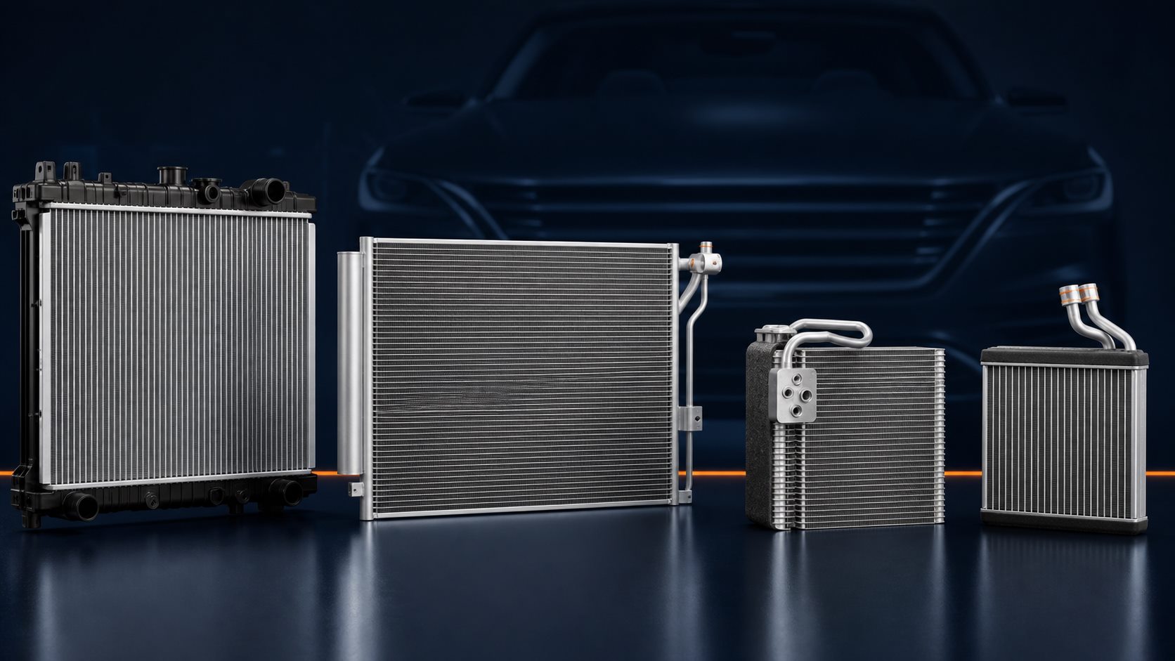 Automotive radiator, A/C condenser, evaporator and heater core in a technical lineup