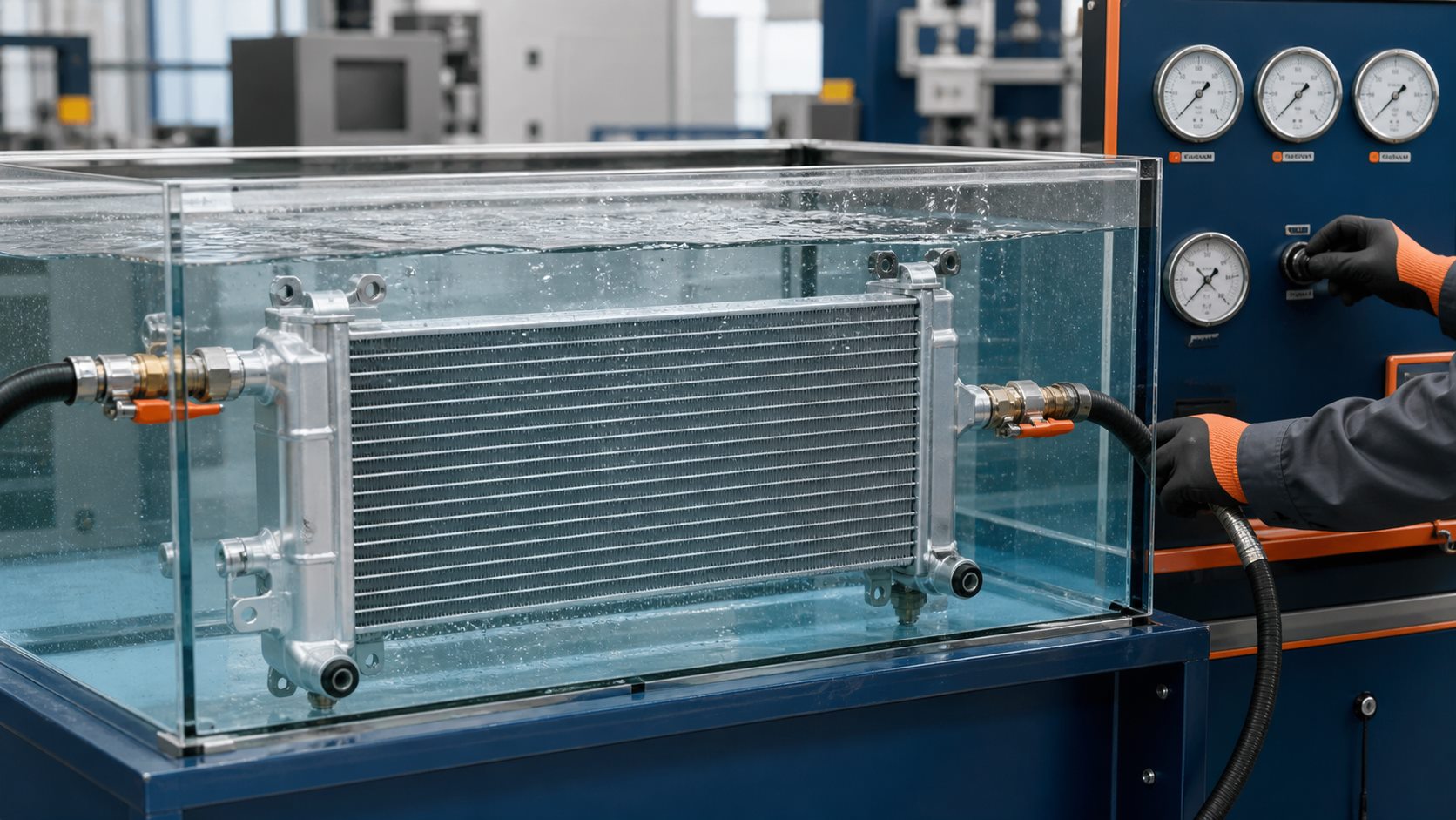 Automotive heat exchanger connected to regulated pressure equipment in a water leak-test tank