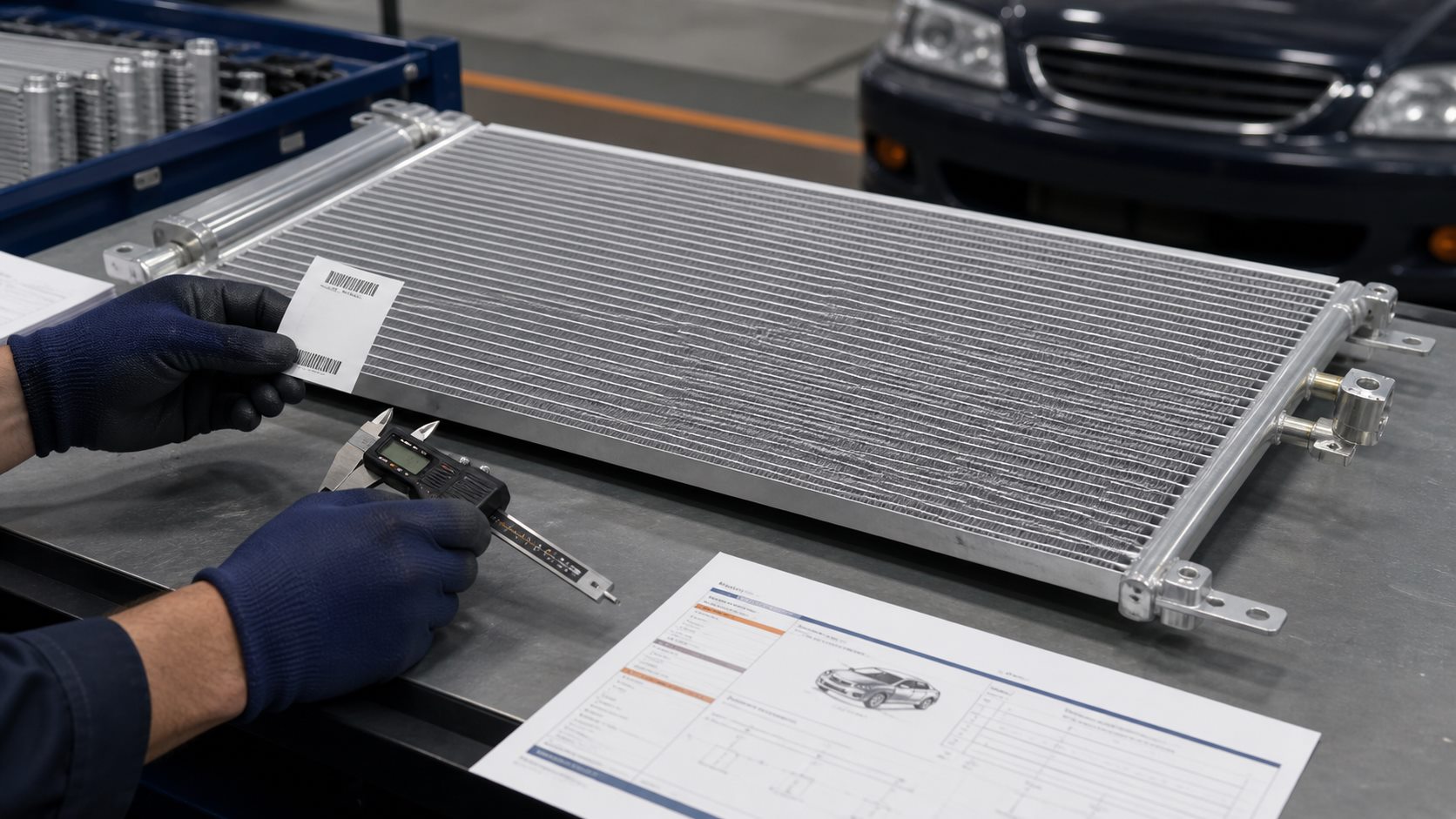 A/C condenser checked against an OE reference sheet with a digital caliper