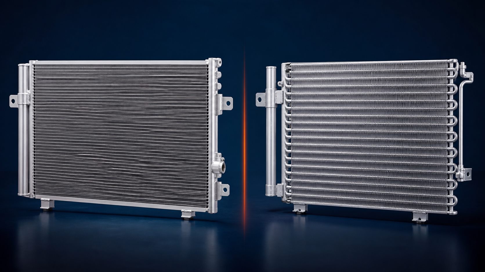 Parallel-flow and serpentine automotive A/C condensers displayed side by side