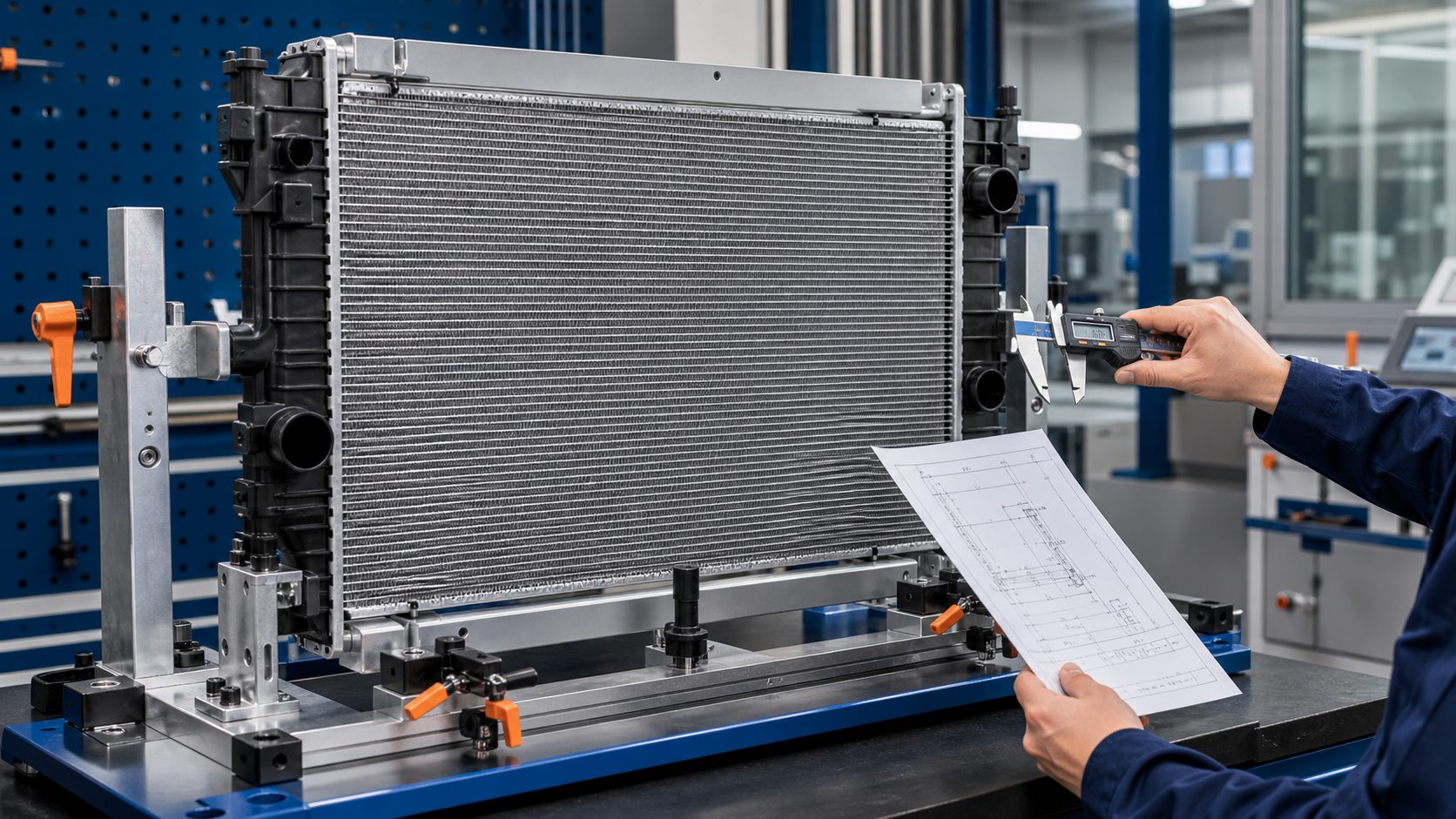 Automotive radiator measured on a fitment inspection fixture before production
