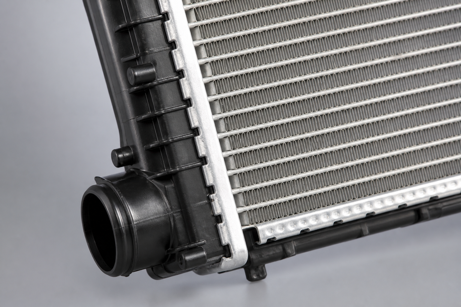 Close-up of automotive radiator fins, crimped header, side tank, and inlet