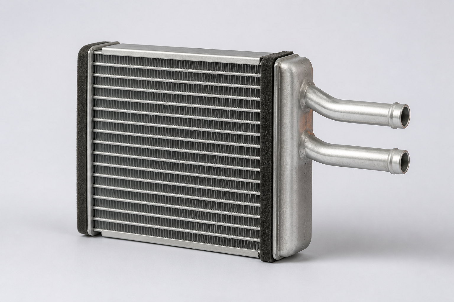 Compact aluminum automotive heater core with inlet pipes