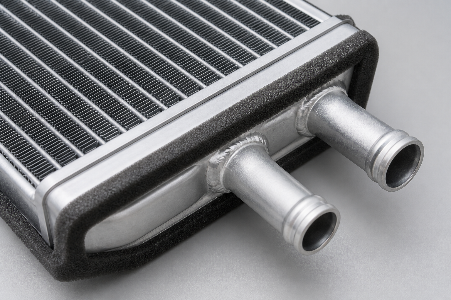 Close-up of automotive heater core fins, foam seal, and inlet pipes