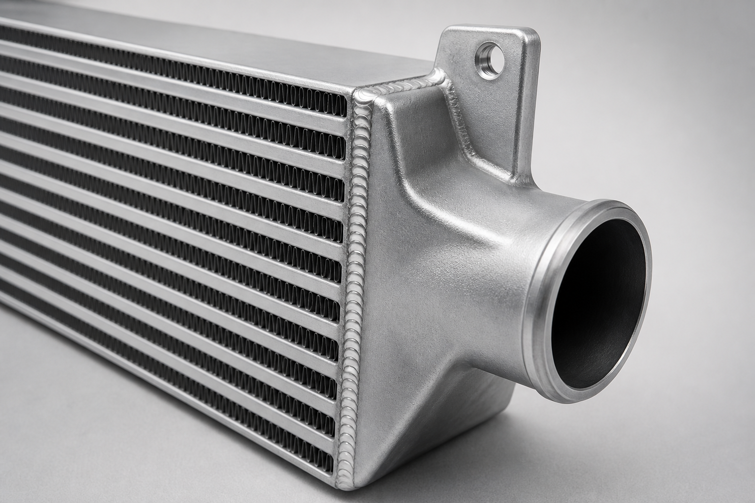 Close-up of aluminum intercooler core, welded end tank, and charge-air outlet