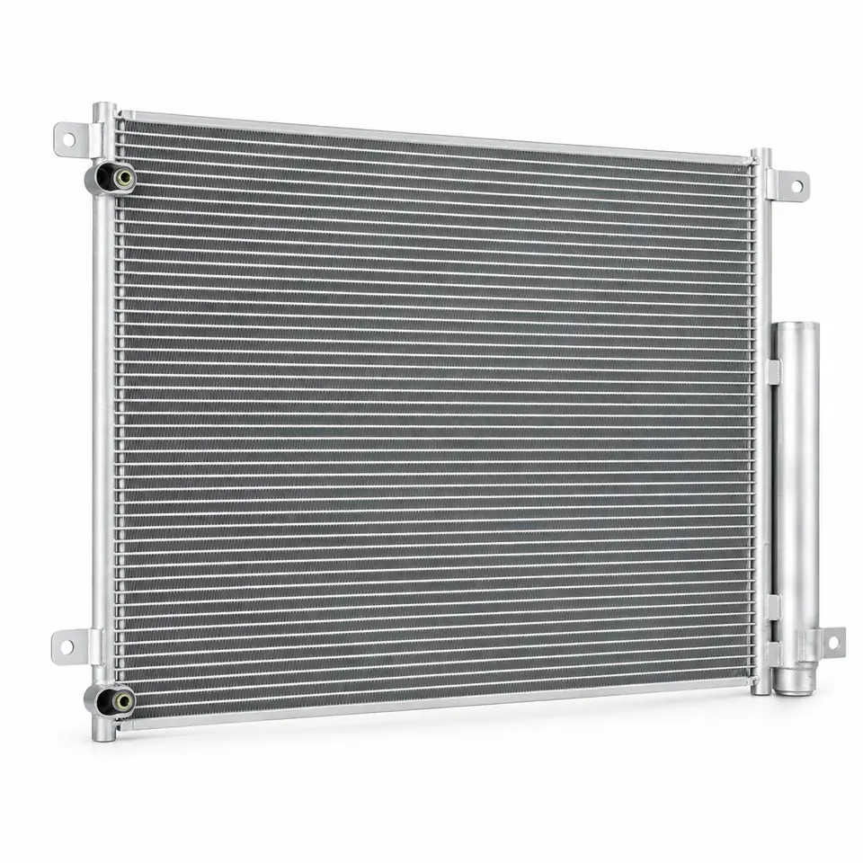Silver-gray aluminum A/C condenser illustration for Honda Civic OE 80100TBAA01, with right receiver-drier and two left-side ports