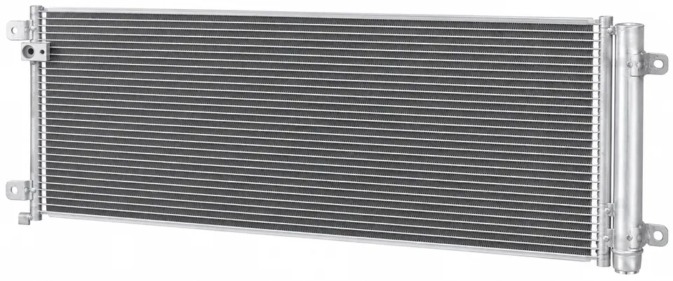 Silver-gray aluminum A/C condenser illustration for Honda Civic 1.5 Turbo OE 80100TBCA01, with right receiver-drier and left upper port