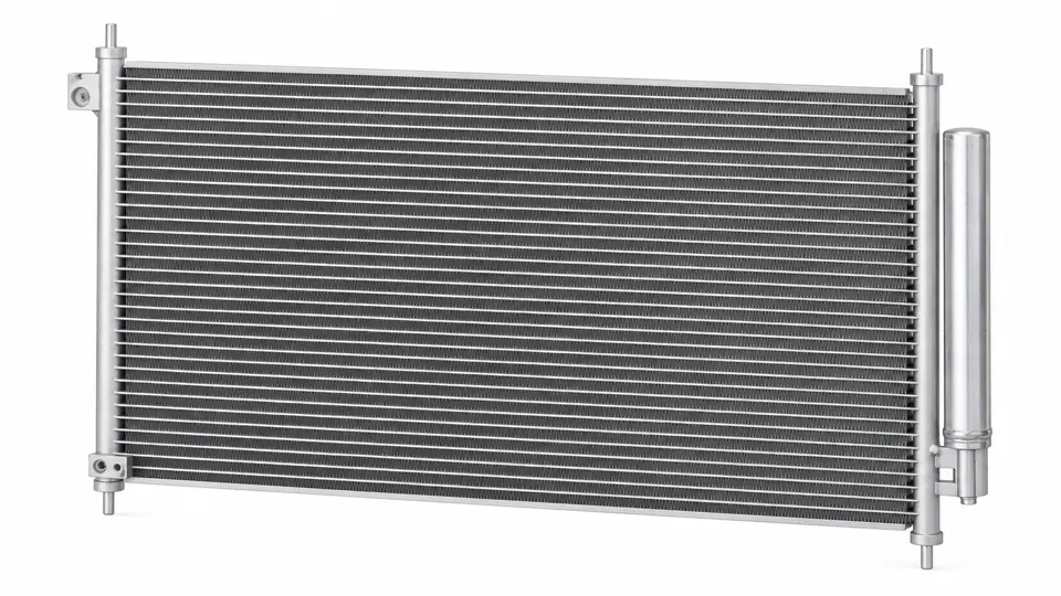 Silver-gray condenser illustration for Honda OE 80110TR0A01 with right-side receiver-drier and left mounting tabs