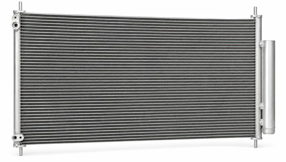 Silver-gray aluminum A/C condenser illustration for Honda Civic OE 80110TS4T01, with right receiver-drier and left-side flanged ports