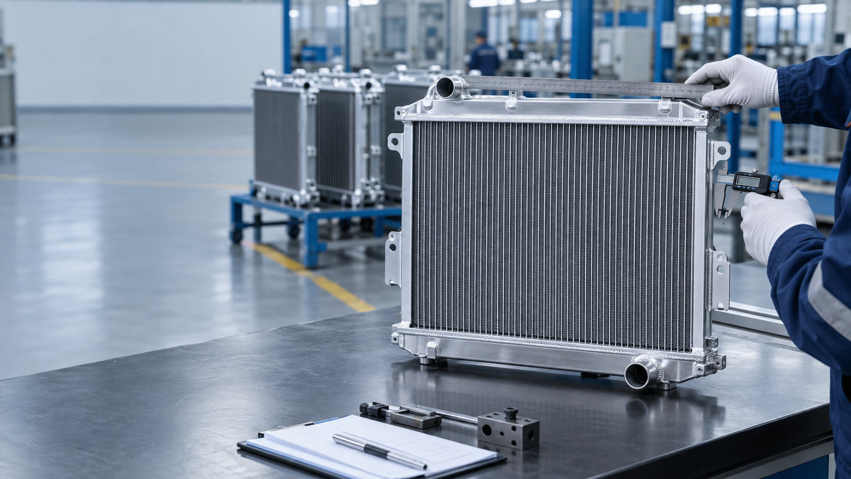 Engineer checking an automotive radiator core and mounting points on a factory measurement bench